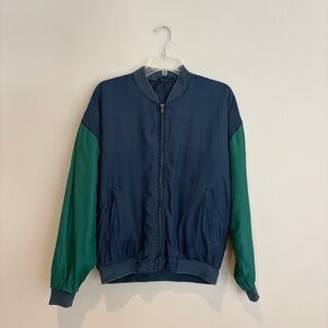 Brick Blue and Green 100% Silk Color Block Bomber Jacket